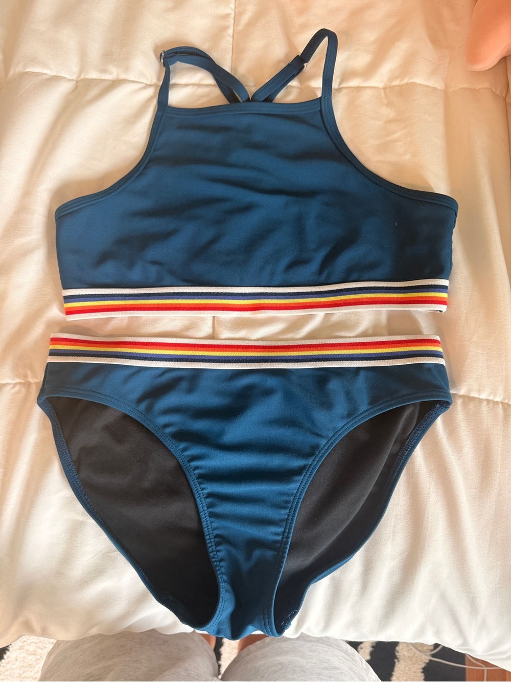 Zella Navy Girls One-Piece Style Swim Set with Rainbow Stripe